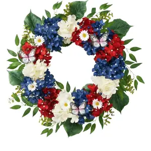 4th of July Wreath for Front Door, Blue Patriotic Hydrangeas, Memorial Day Decorations, Eucalyptus Leaves Butterfly, 18"