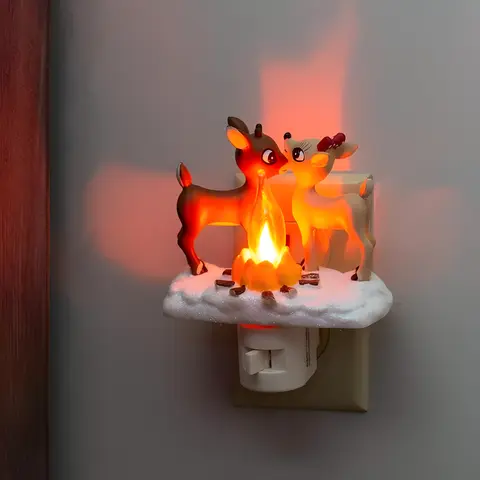 2025 Christmas Reindeer Nightlight: Reindeer Night Light Plug into Wall Cute Holiday Design - LED Campfire,The Red Nosed Reindeer Night Light with Flickering Flame,idea for Christmas Gift