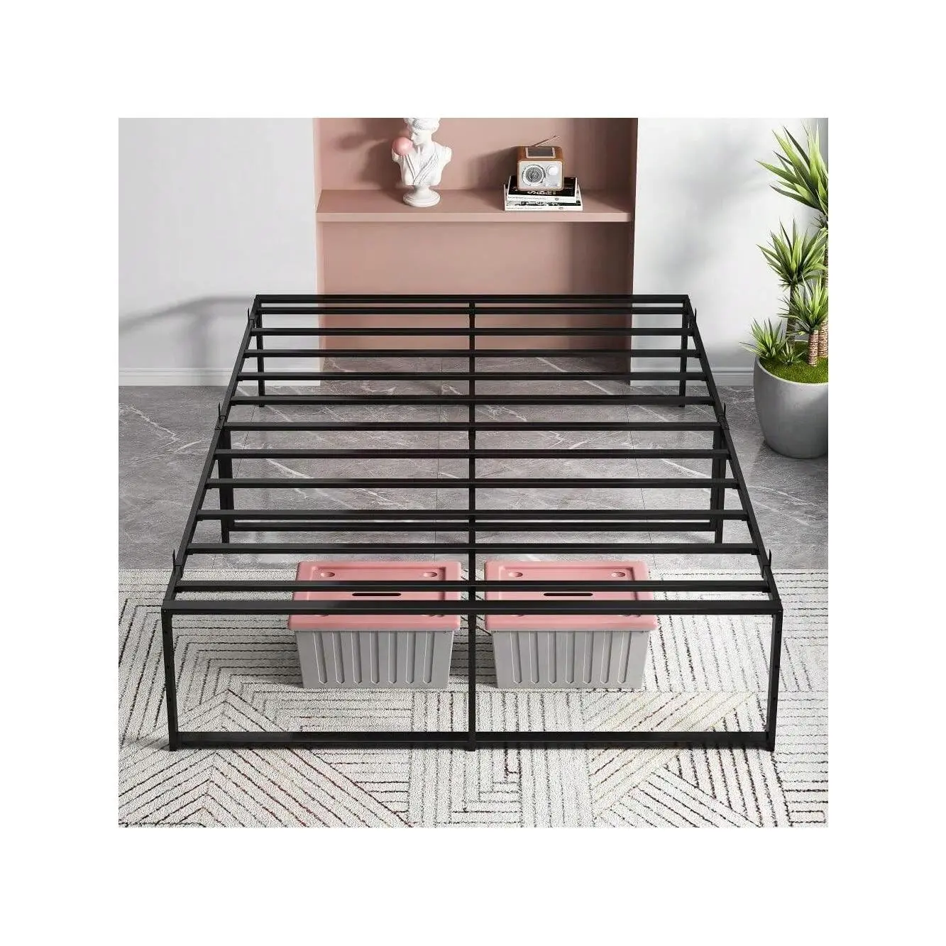 Black-Double Bed Metal Platform Bed Frame With Sturdy Steel Bed Slats,Mattress Foundation No Box Spring Needed Large Storage Space Easy To Assemble Non-Shaking And Non-Noise