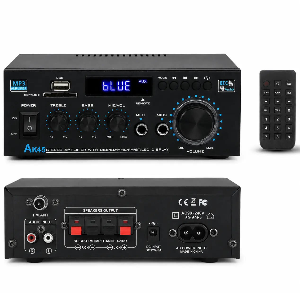 AK45 Bluetooth 5.0 HiFi 2.0-Channel Stereo Power Amplifier, USB/SD/RCA Audio Receiver with Dual Microphone Inputs for Passive Speakers, Karaoke, Home Theater, Party & Music Streaming