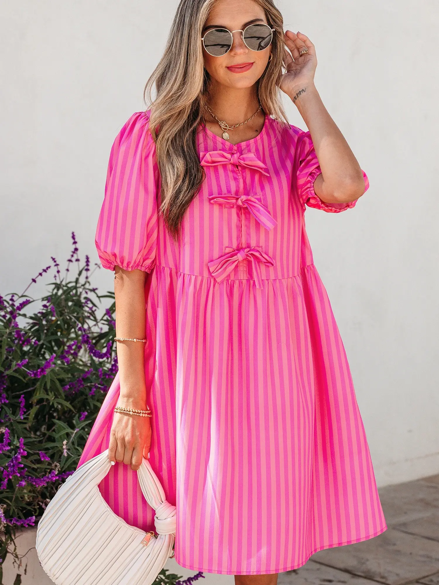 Women's Cute Chic Round Neck Puff-Sleeve Bow-Tie Striped Mini Dress - Comfortable Casual Wear, Brunch Outfit