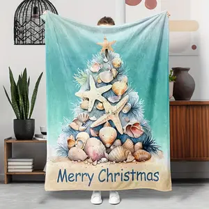 1PC Christmas Flannel Blanket, Christmas Tree Blanket, Soft, Warm and Comfortable Sofa Bed Office Blanket with Shells, Conchs and Starfish, Throw Blanket, Lunch Break Blanket, Halloween and Christmas Gift