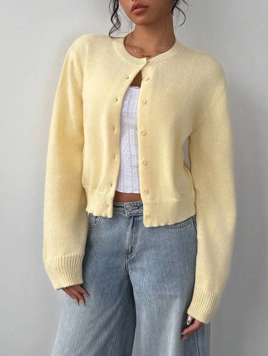 Casual Basic Solid Color Round Neck Long Sleeve Loose Cropped Women Cardigan Sweater Autumn Coat Back-To-School Pale Yellow Teachers' Day Teacher - Back to School outfit