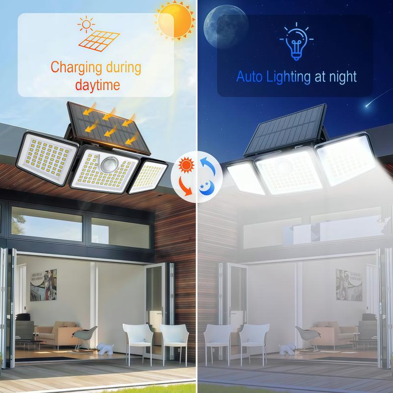 2 Packs LED Motion Sensor Solar Lights Outdoor IP65 Waterproof 3-Head Security Lights 2500-Lumen Floodlights Spotlights 270° Wide-Angle Lighting for Patios Garages and Gardens