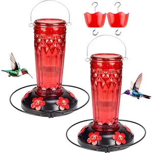 Hummingbird Feeder 2pack-16Ounces,6 Feeding Ports Glass Hummingbird feeders for Outdoors,Wide Mouth for Easy Filling/Cleaning,Hanging for Garden Backyard Decor, Includes Ant Moat (Red)