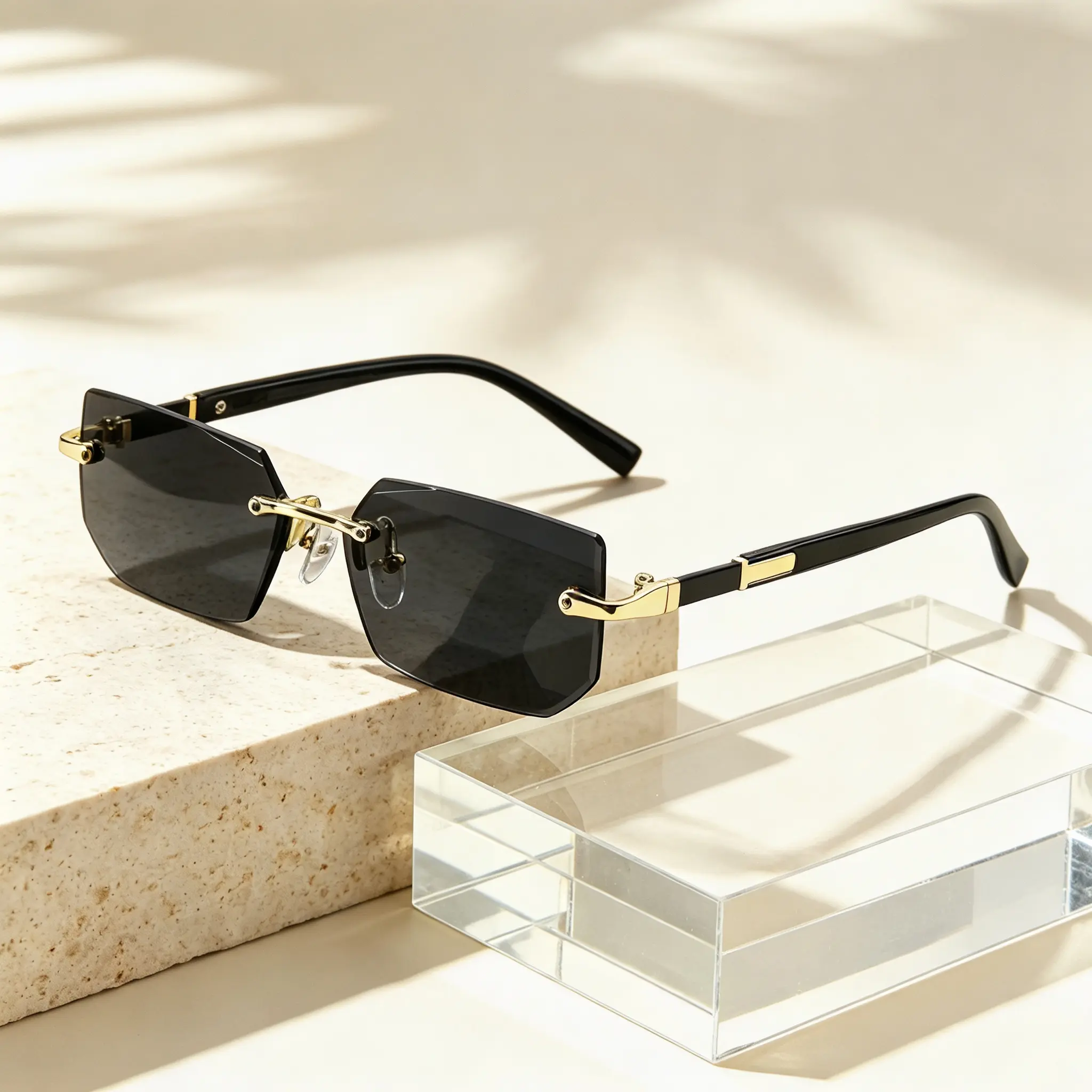 Unisex Rimless Polarized Sunglasses, Luxury Diamond Cut Sunglasses, Black Tinted Lens with Gold Metal Hinge, UV400 Protection, Anti-Glare Shades for Driving, Beach, Travel, Streetwear and Outdoor Activities