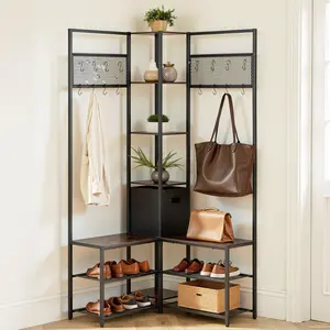 Corner Hall Tree with Shoe Bench and Storage Rack, 70.9-Inch Coat Rack with Hooks and Steel Frame, Freestanding Clothes and Shoes Organizer with Anti-Tip Set, for Entrance, Closet, Office, Rustic Brown Finish