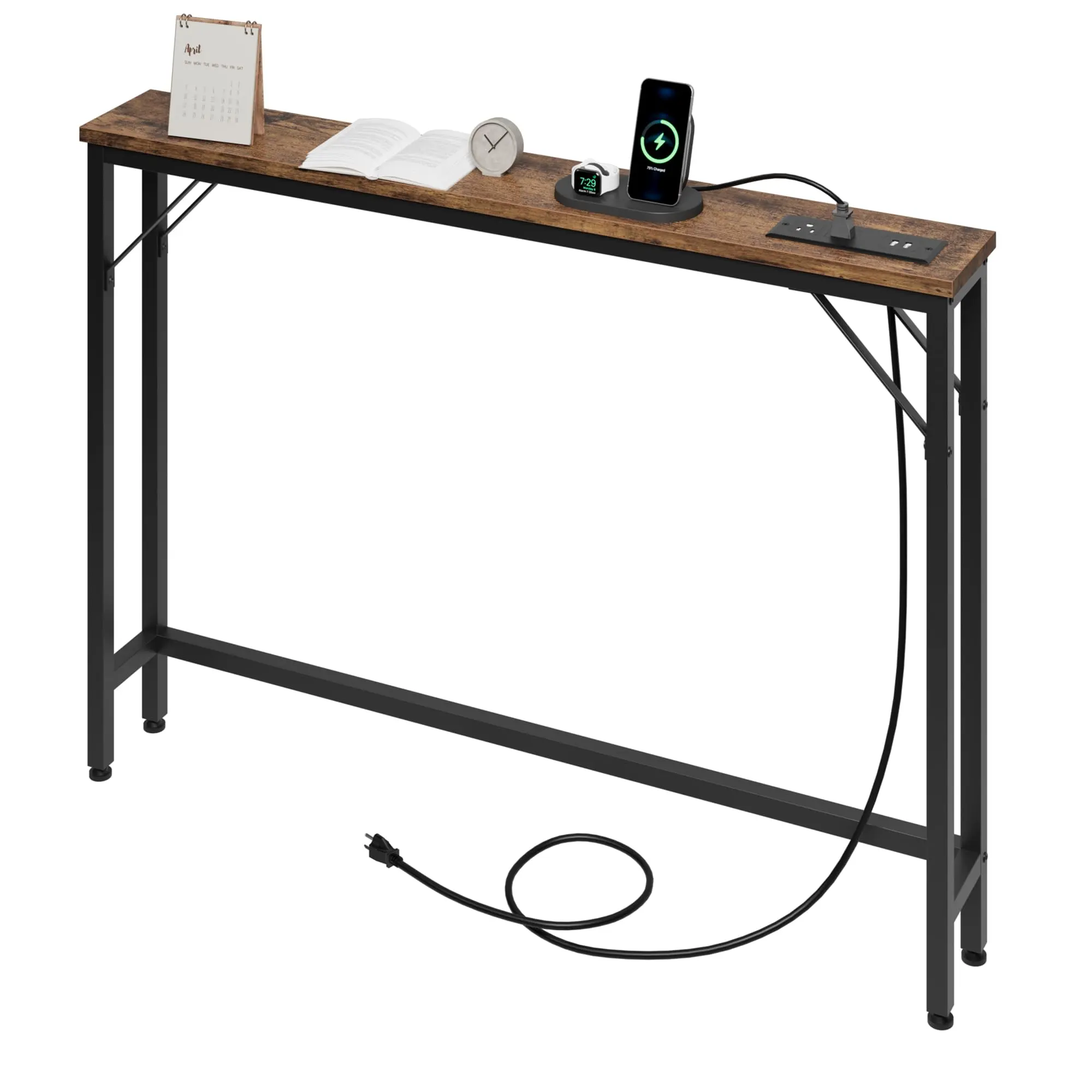 5.9” Narrow Sofa Table with Outlets - Slim Console Table with Storage for Living Room, Entryway, Hallway - Rustic Behind Couch Table,Brown