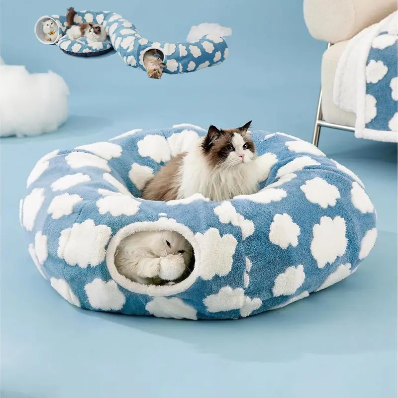Large Cat Tunnel Bed for Indoor Cats - Cute Cat Donut Tunnel Toys for Small Large Cats with Washable Circle Cushion, Round Pet Peekaboo Cave Toy for Kitten/Puppy/Rabbit, Standard Blue
