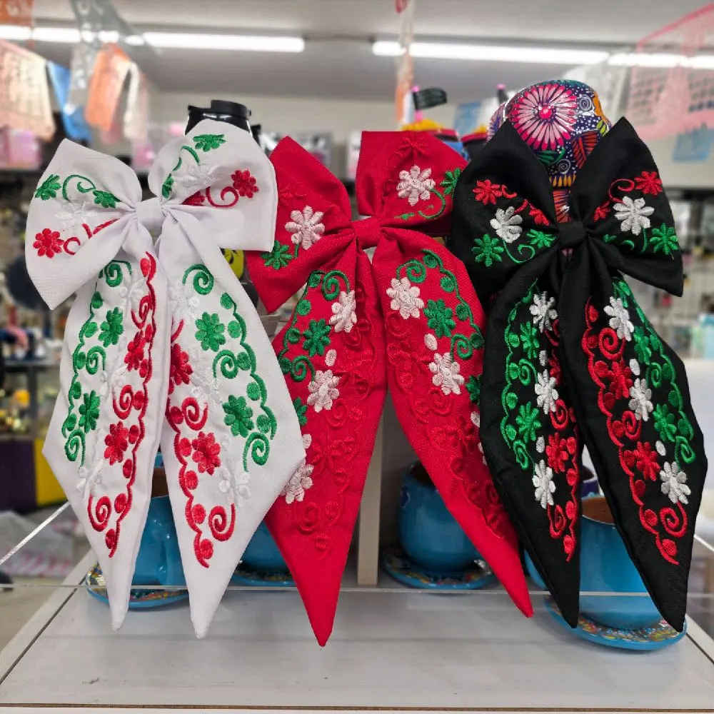 Mexico Jumbo Hair Bow - Embroidered Floral Design for Festive Outfits