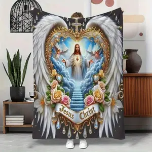 Jesus Christ Angelic Heart Flannel Blanket  Soft Flannel Blanket Gifts For Jesus Christ Loves By Children And Adults Alike Suitable For Sofa Beds Living Rooms Beloved  Home Decor Birthday Gifts  Soft, comfortable, skin-friendly, and lightweight.