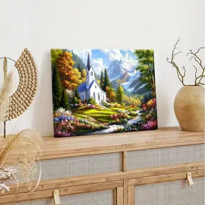 White Church with Steeple Landscape Canvas Wall Art - Autumn Mountain Scene with Vibrant Foliage, Wrapped Canvas Frame, High-Quality Print for Living Room, Bedroom, Office Decor - Art Decor Style, Religious Home Decor, Bedroom Artwork	
