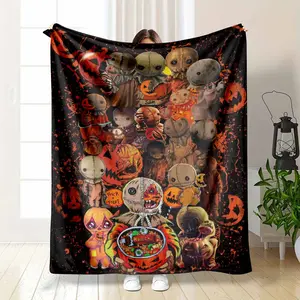Halloween Pumpkin Doll Pattern Flannel Blanket Creepy Art Print Soft Warm Cozy Durable Decorative Throw Perfect for Home Decor Party Gift Holiday Bedroom Lounge Sofa