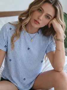Women's Blue & White Striped Crew Neck T-Shirt with Navy Floral Accents Casual Short Sleeve Top Crew Neck T-Shirt, Striped Short Sleeve Tee, Floral Accents, Casual Top