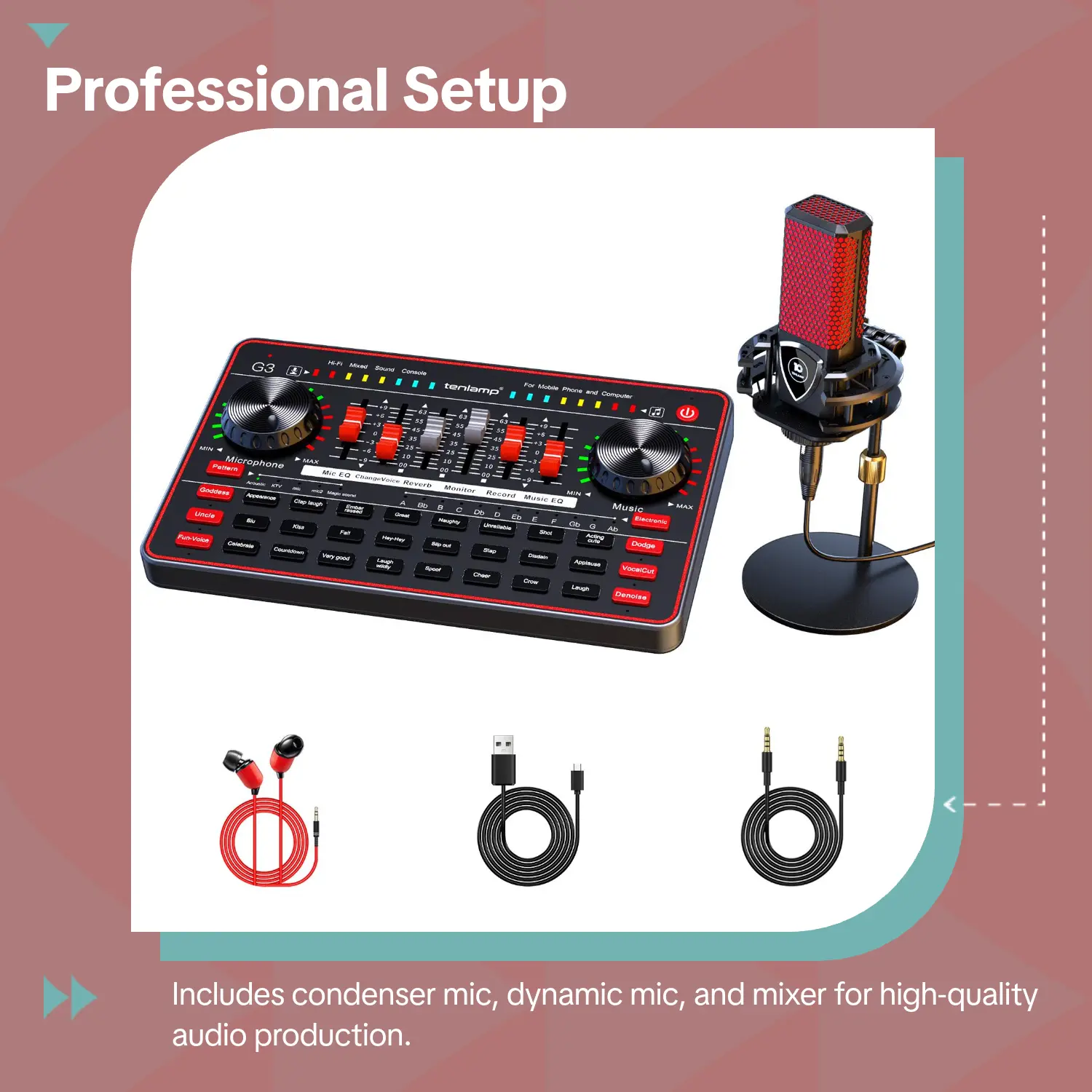 Tenlamp G3-Q8 Professional External Sound Card & Podcast Equipment Bundle - Condenser Mic, Dynamic Microphone, Mixer for Laptops, Mobile Phones, Live Streaming, Recording