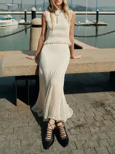 Elegant Two-Piece Set, Sleeveless Knitted Vest & Long Pleated Skirt, Fashionable Slim Fit Design, Perfect for Women