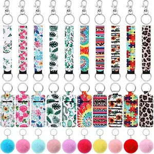 60 lipstick holder keychain set, including 10 lipstick holder keychains, 10 wristbands, 20 keychains, 10 plush balls, and 10 jump rings. Homemade keychain for gift making