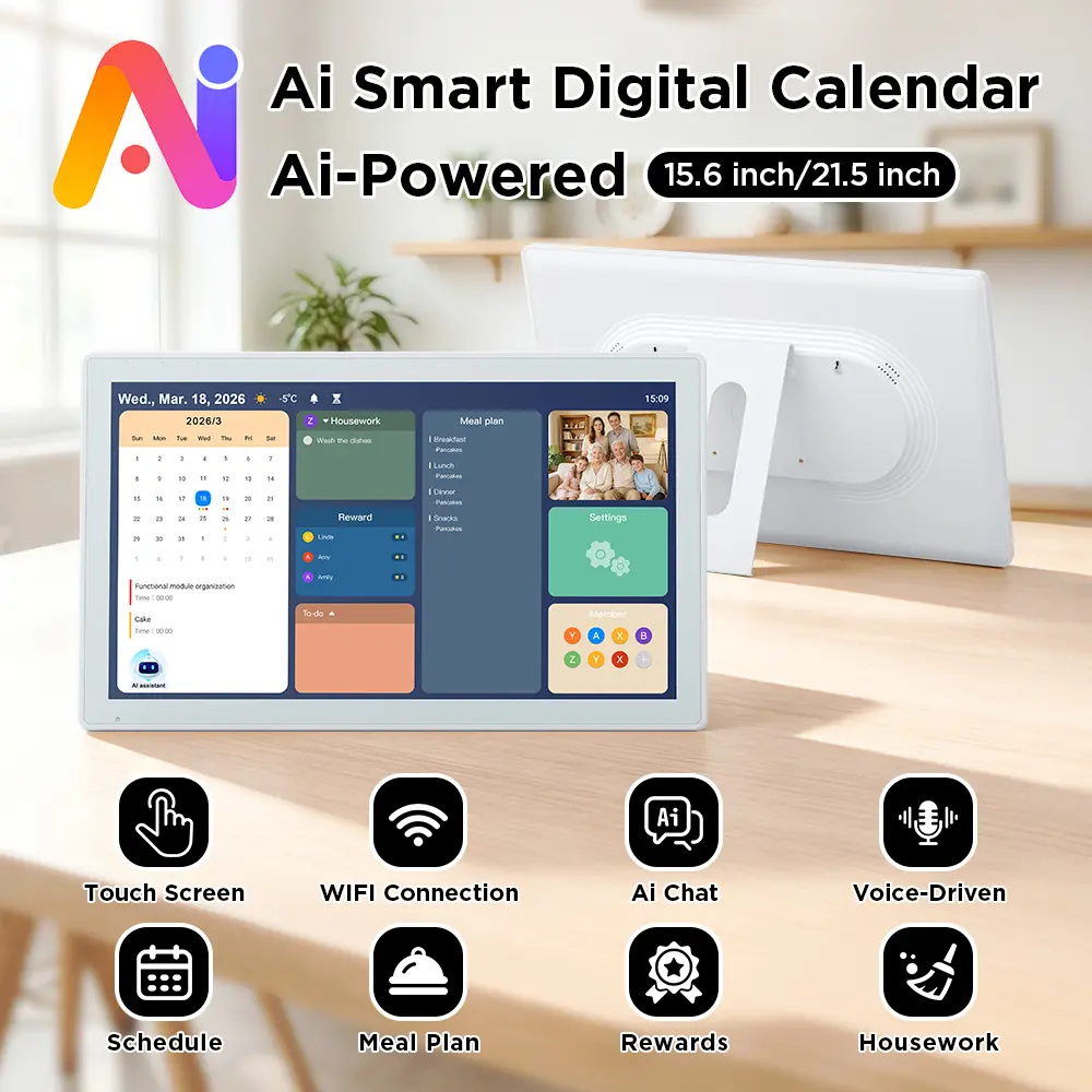 AI-Smart Digital Family Calendar with Chore Chart, 15.6in/21.5in WiFi Touch Screen, Voice-Controlled Schedule Meal Planner, Kids Chore Reward System & Digital Photo Frame for Home Organization