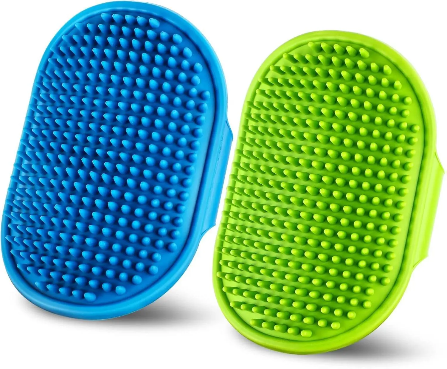 Dog & Cat 2-Piece Universal Rubber Tapered-Head Grooming Brush Set - Blue & Green, Adjustable Loop Handle, Gentle Exfoliation, Shampoo Massage, Both Wet and Dry Use, Long Grooming Sessions, Relaxing Fun Bathing Experience