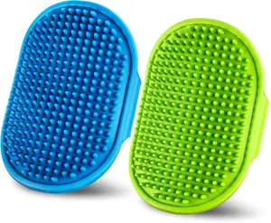 Dog Grooming Brush，Pet Shampoo Massage Bath Brush Comb with Adjustable Loop Handle for Grooming Short and Long Hair Cats and Dogs, 2pcs(Tapered brush head, Blue+Green)