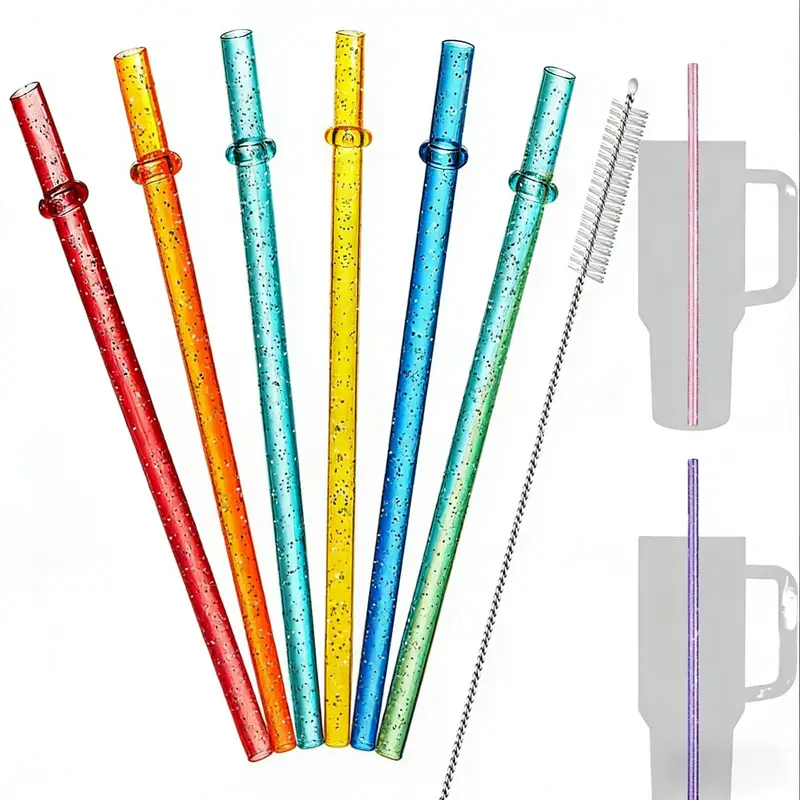 Reusable Colorful Plastic Straws, Drinking Straw, Drink Utensils, 6pcs/12pcs/set Shiny Straws with Cleaning Brush, Shatterproof Cup Straws for 40/30/24oz Tumblers and Glass Cups【Without Cup】