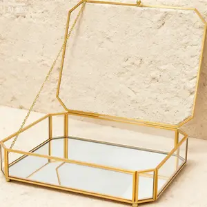 Octagon Glass Display Case with Mirrored Bottom, Jewelry Box Organizer with Lid, Keepsake Photo Trinket Box for Home Dresser Vanity Decor