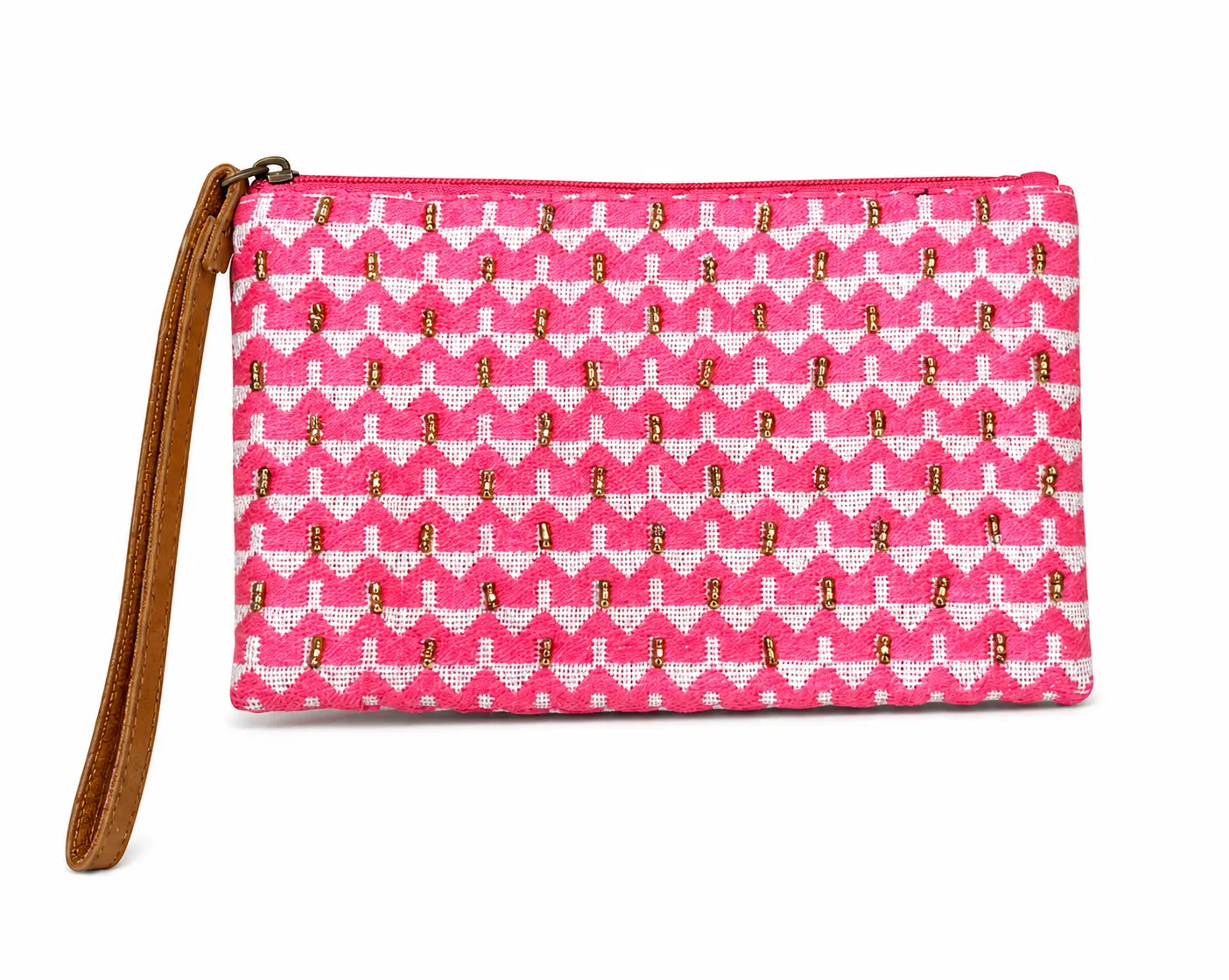 Women's Pink Harbor Woven Fabric Wristlet Pouch, Compact Geometric Print Design for Everyday Use with Playful Look, Wristlet Bag, Zipper Closure, Casual, Chic, Gold Bead Accents, Daily Must-Have