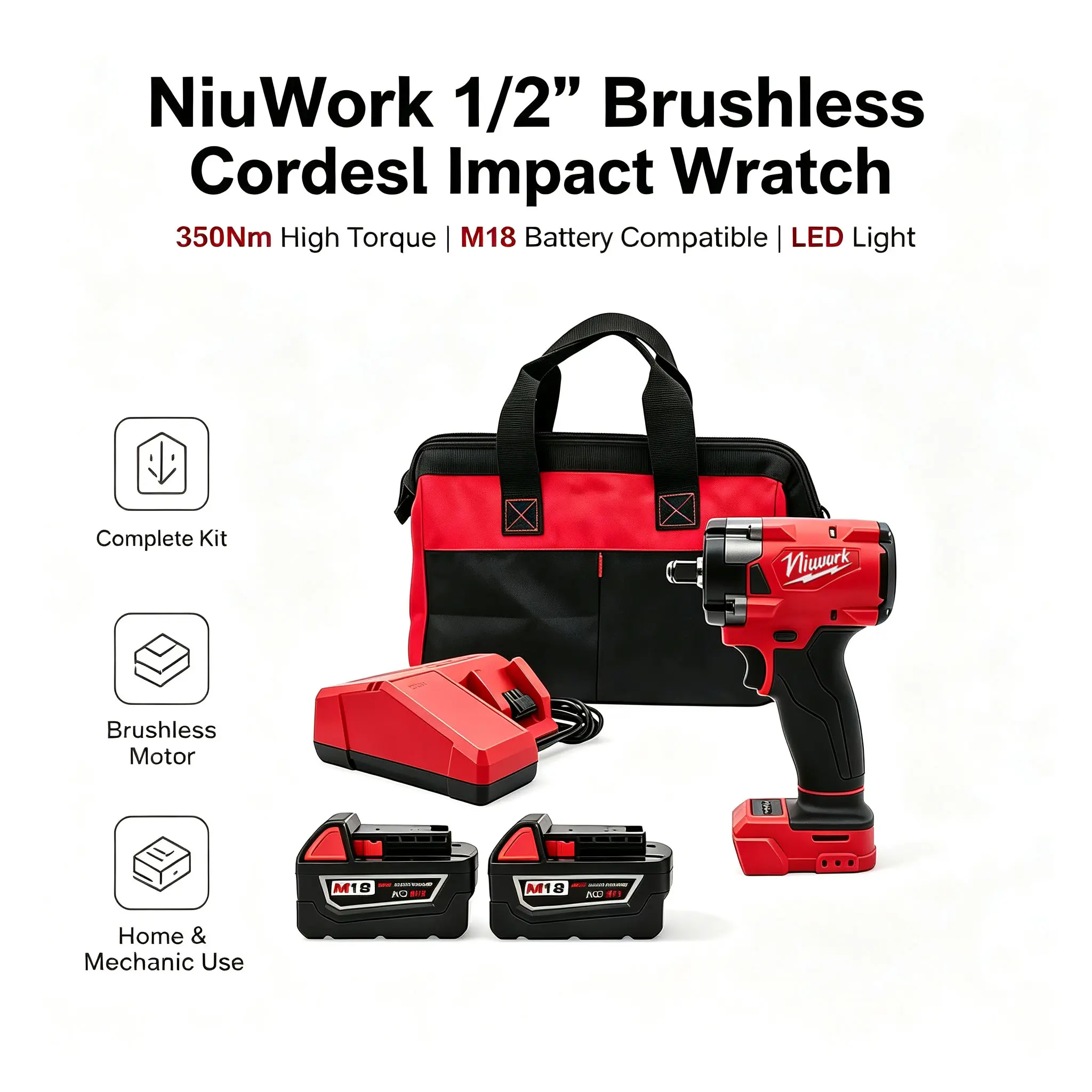 NiuWork Brushless lmpact Wrench 1/2" 350N LOWTorque, Compatible with M18 Batteries-Perfectfor Home Use, Screw Removal & Drilling
