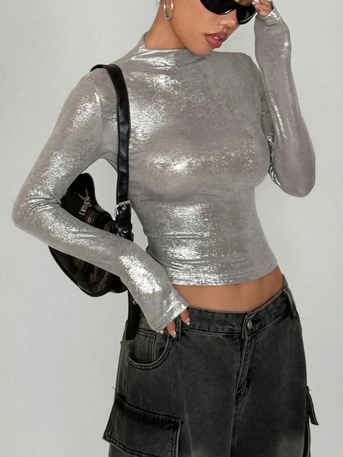 1 Spring Summer Metallic Shiny Glossy Mock Neck Crop Top Women | Long Sleeve Slim Fit Stretchy Knit Top | Cyber Y2K Futuristic Casual Chic Style for Club Rave Festival Night Out Womenswear