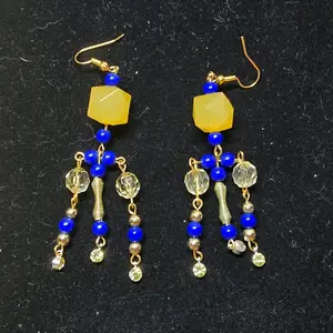 Royal Blue and Yellow Beaded Earrings with Gold-Tone Hooks and Colorful Beads Design