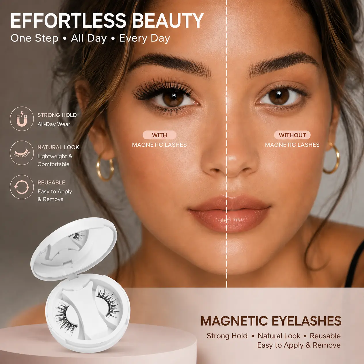 Magnetic Eyelashes and Eyeliner Kit, 5 Pairs of Soft Reusable False Lashes, No Glue Application, Natural Looking Cosmetic Set with Applicator