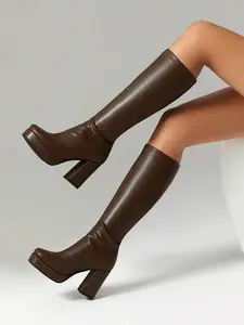 Women's French Style High Heel Waterproof Platform Boots Heeled Booties, Fashionable Short Ankle Booties for Fall & Winter, New Square Toe Slim Fit Design