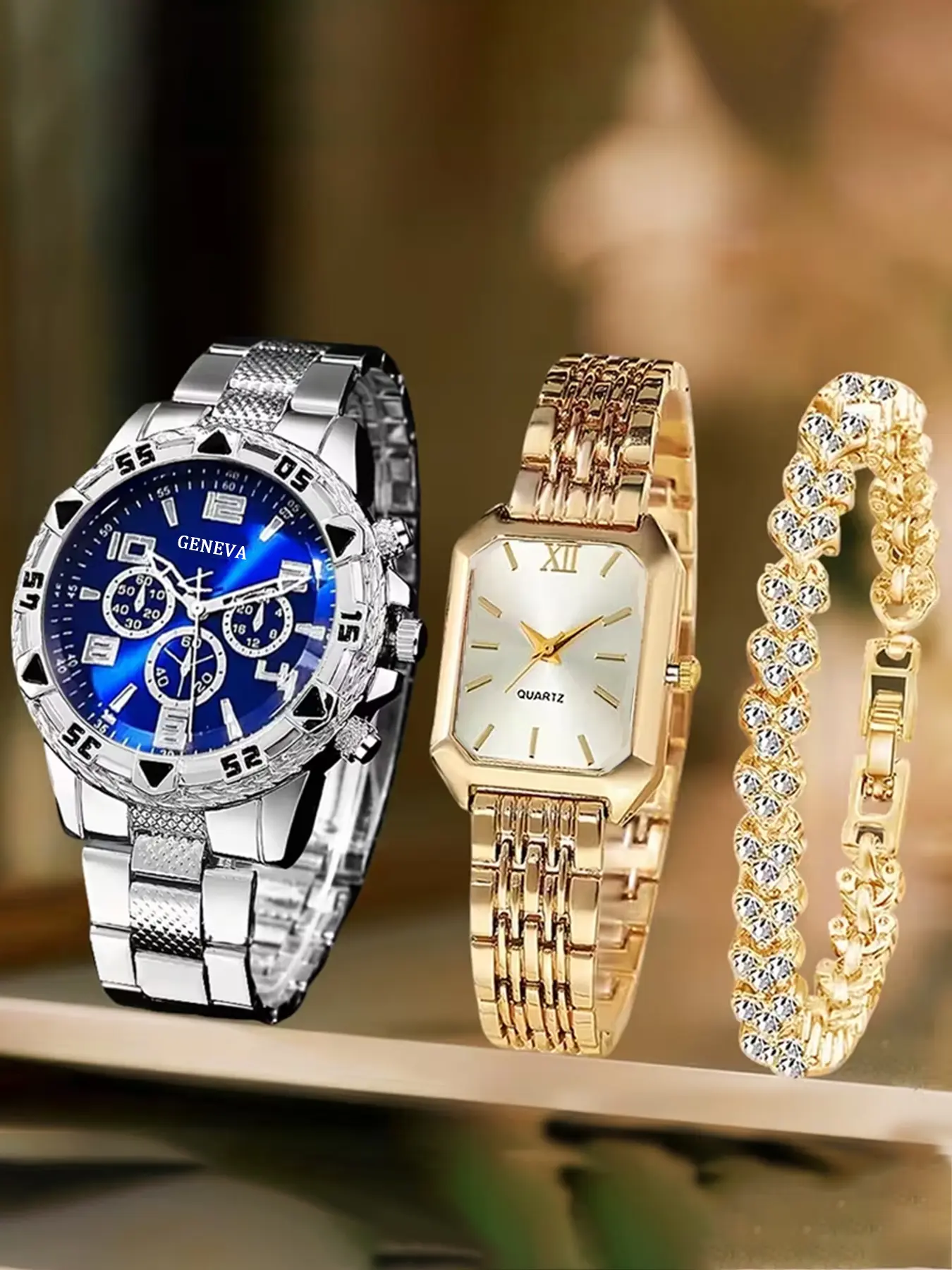 3 pieces/set of retro watches, heart-shaped bracelets, Fashionable wristwatch, Fashion Watch Jewelry for men and women - quartz movement circular dial watch with alloy strap, suitable for birthdays, Valentine's Day gifts, casual wear