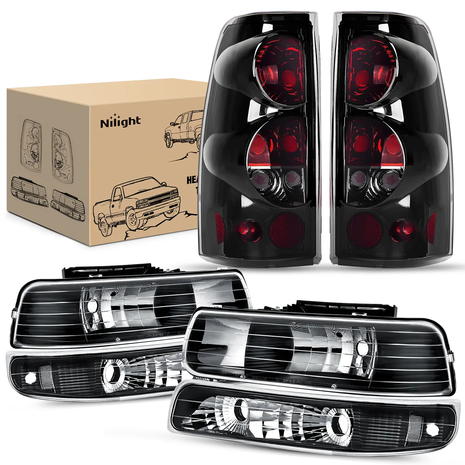 Nilight OE-Style Headlight & Taillight Assembly Combo, Car Light with Smoke Finish, Headlight Cover & Blinker Lights, Black Housing Clear Reflector Replacement for 1999-2002 Chevy Silverado 1500/2500 & 2001-2002 1500HD/2500HD/3500 Truck Automotive Vehicle