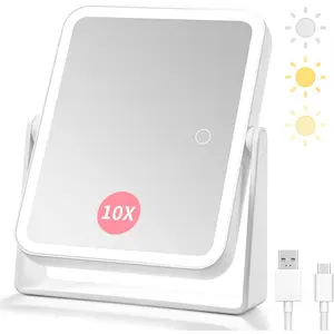 Rechargeable Travel Lighted Makeup Vanity Mirror with Lights and Magnification, Portable 10X/1X Magnifying Led Desk Mirror Makeup with 3 Color Light