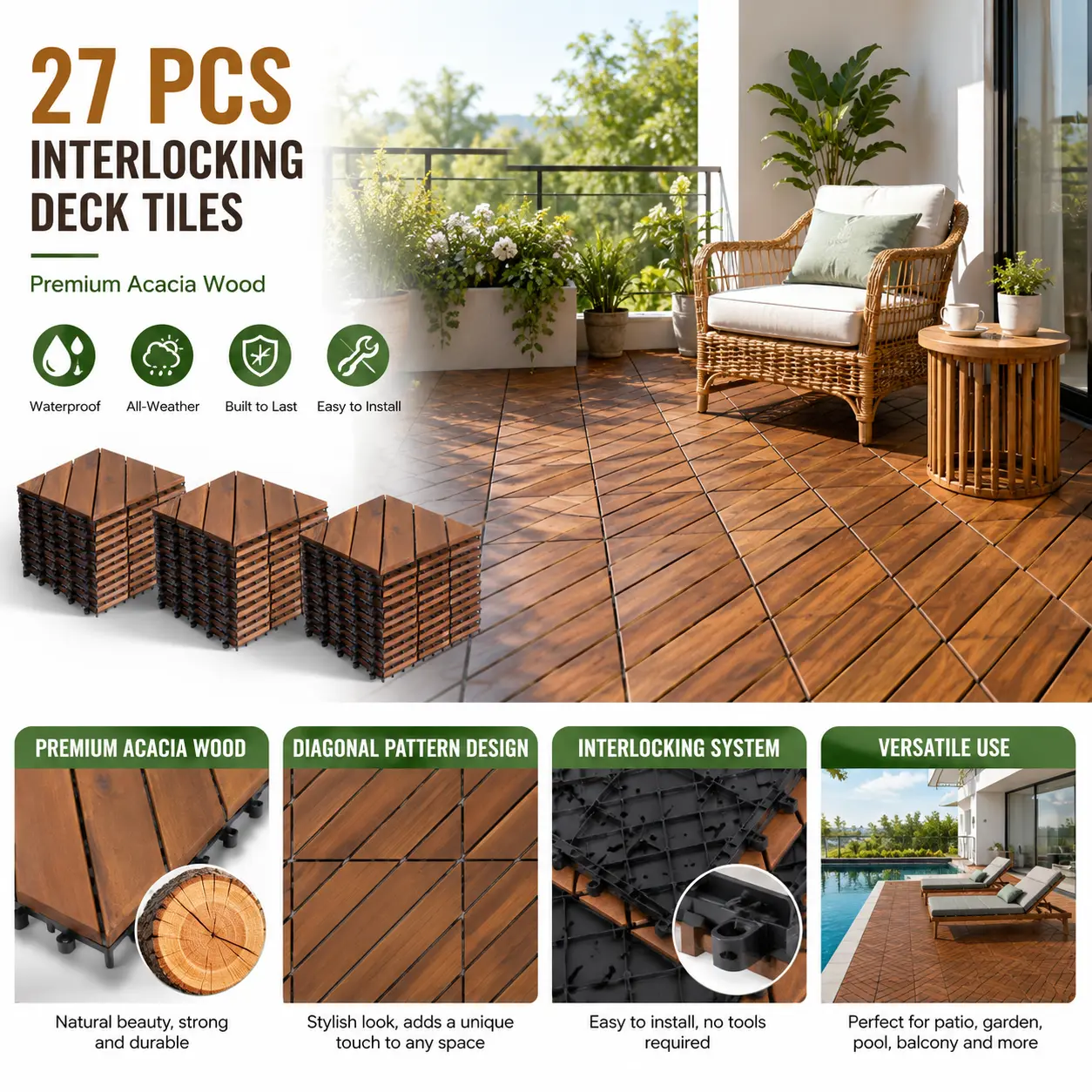Interlocking Deck Tiles 27 Pcs Acacia Wood Patio Tiles Diagonal Pattern 12x12 Inch Waterproof Flooring Outdoor Decking for Garden Pool Balcony Inside Shower House Apartment Porch Decor Clearance Modern Brown