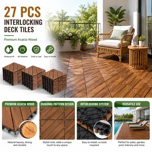 Interlocking Deck Tiles 27 Pcs Acacia Wood Patio Tiles Diagonal Pattern 12x12 Inch Waterproof Flooring Outdoor Decking for Garden Pool Balcony Inside Shower House Apartment Porch Decor Clearance Modern Brown