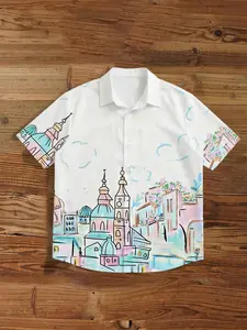 Men's Macaron-Colored European Town Print Lapel Shirt, Artistic Watercolor Short Sleeve Shirt, Suitable For Vacation And Daily Casual Wear
