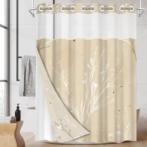 1pc hookless shower curtain with buckle lining, off-white grass and leaf pattern design, 2D flat printing, fabric waterproof lining, see-through double-layer shower curtain, 71 x 74 inches, modern home curtain, Bathroom Curtains, Bathroom Supplies