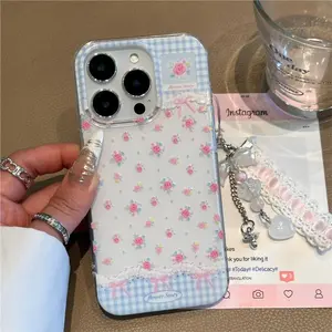 Crystal transparent white light blue checkered small floral phone case with chain for iPhone 11 12 13 14 15 16 pro max