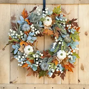 [Autumn Harvest Wreath] 1pcS 18inch Autumn Harvest Wreath for Front Door | Durable Plastic, Easy Door Installation, Featuring Maple Leaves, Pumpkins & Pine Cones | Ideal for Thanksgiving & Halloween Decor, Indoor/Outdoor Use, Fall Decorations for Home