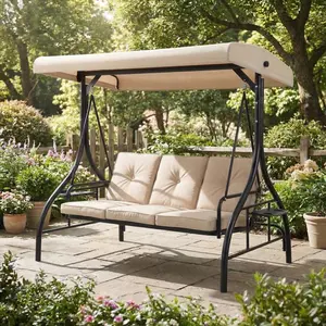 3-Seat Outdoor Swing Chair with Adjustable Canopy - Convertible 2-in-1 Swing Bed with Stand - Thick Cushions, Cup Holders & Tray - Weather-Resistant Patio & Garden Furniture