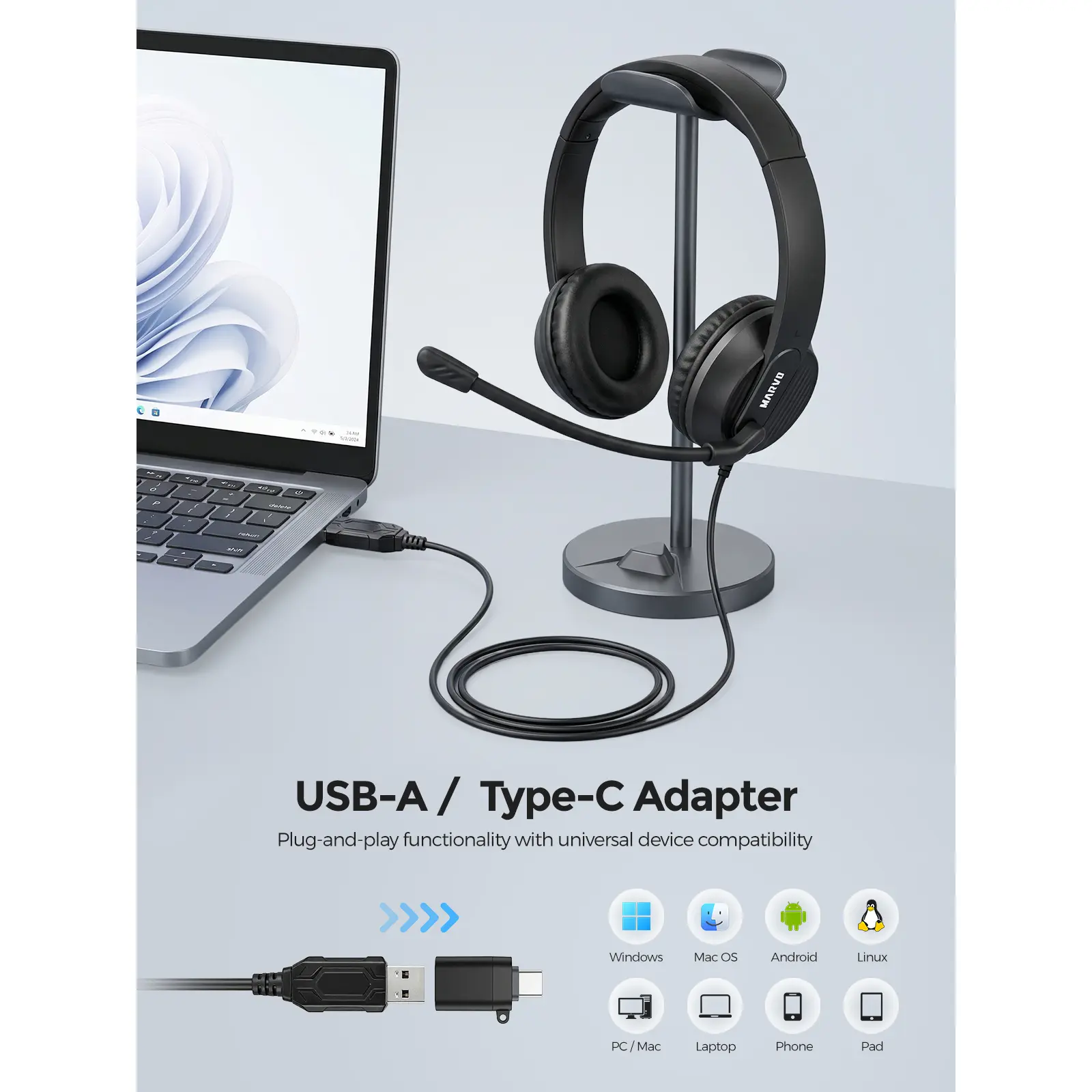 Marvo 2-in-1 Type-C/USB-A Wired Over-Ear Headphone with Unidirectional Microphone, Office Business Conference Audio Device for PCs,back to school,back to school haul