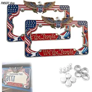 2Pcs 250th Anniversary American Flag License Plate Frame, Heavy Duty Aluminum Eagle Design with We The People, Patriotic Auto Decor for 4th of July Car & Truck Use