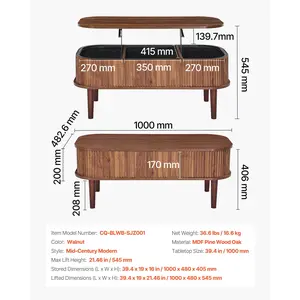 VEVOR 39.4 in Lift Top Coffee Table, Fluted Oval Coffee Table with 3 Hidden Compartment, Mid Century Wooden Oval Center Desk with Storage, Lift Up Tabletop for Home Office, Easy Assembly, Walnut