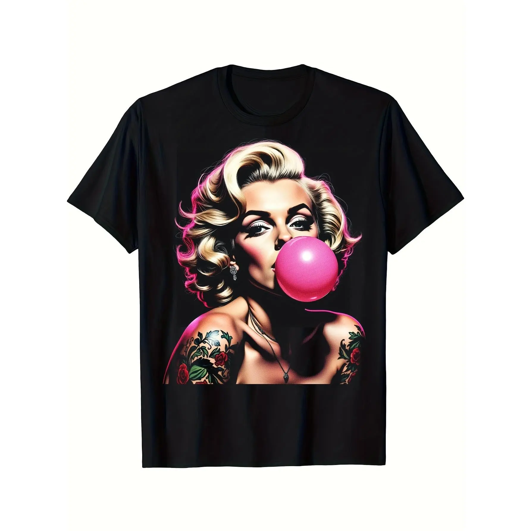 Men's Vintage Pin-Up Tattoo Graphic Knit T-Shirt - Soft Cotton Round Neck, Shortsleeve Menswear Fabrics, Black Bubblegum Design, Casual Summer Sports Top, Ideal for Gifting