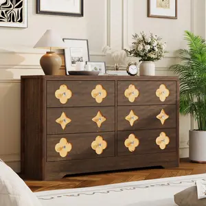 Brown Dresser for Bedroom with 6 Drawers, 47.2'' Wide Chest of Large Decorative Drawer Front with Large Clothes Storage Cabinet, Wood Bedroom Dresser, TV Stand for Nursery, Living Room, Hallway