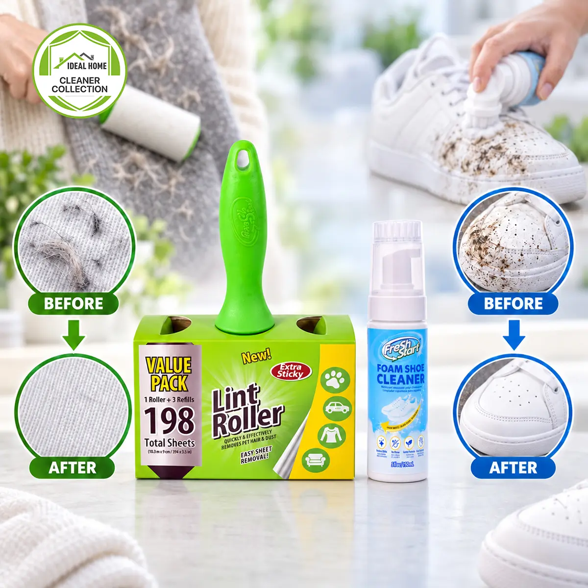 Everyday Clean-Up Kit | Lint Roller Value Pack + Foam Shoe Cleaner | Remove Pet Hair, Lint & Dust from Clothes, Furniture & Car + Refresh Sneakers & White Shoes