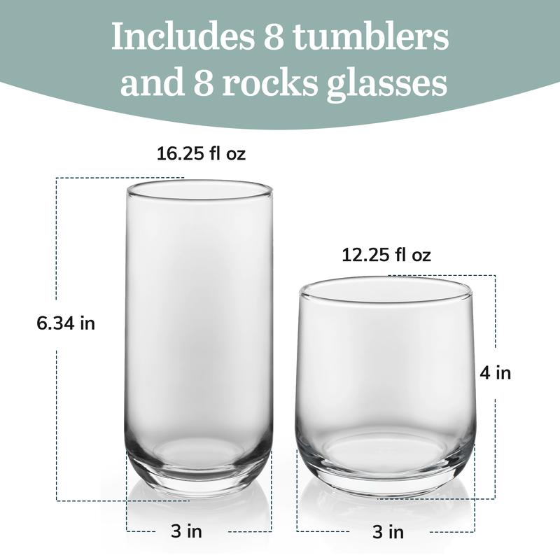 Libbey Ascent Tumbler and Rocks Glass Set, Drinking Glasses Set of 16 with Elegant Curvature, Dishwasher Safe, Durable Drinking Glasses, Versatile Glassware Set for Any Occasion