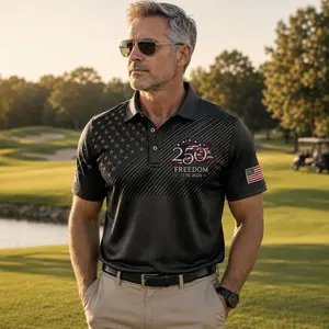 Patriotic Golf Polo Shirt Men, 250 Years Of Freedom Polo, American Flag Golf Shirt, USA Independence Day Apparel